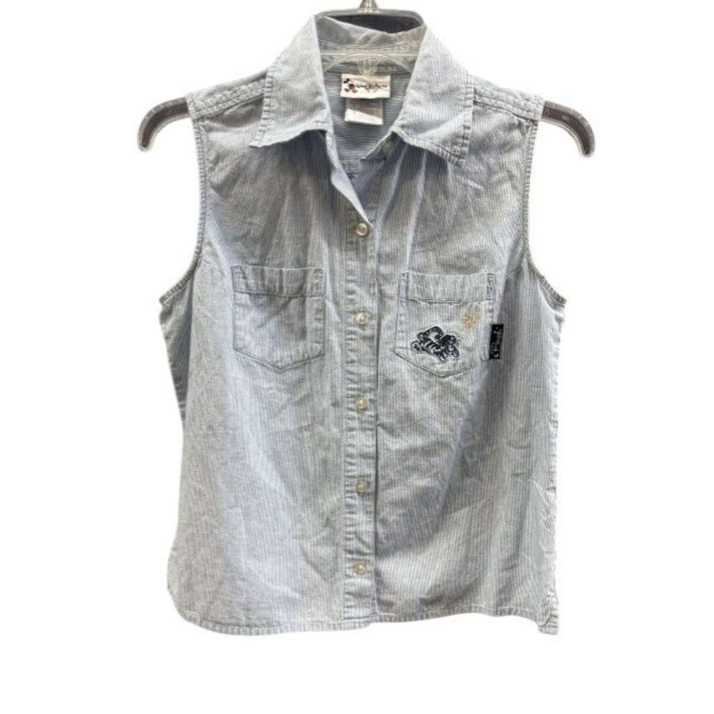 Vintage Walt Disney World Tigger Seersucker Sleeveless Button Down Shirt Blue M
